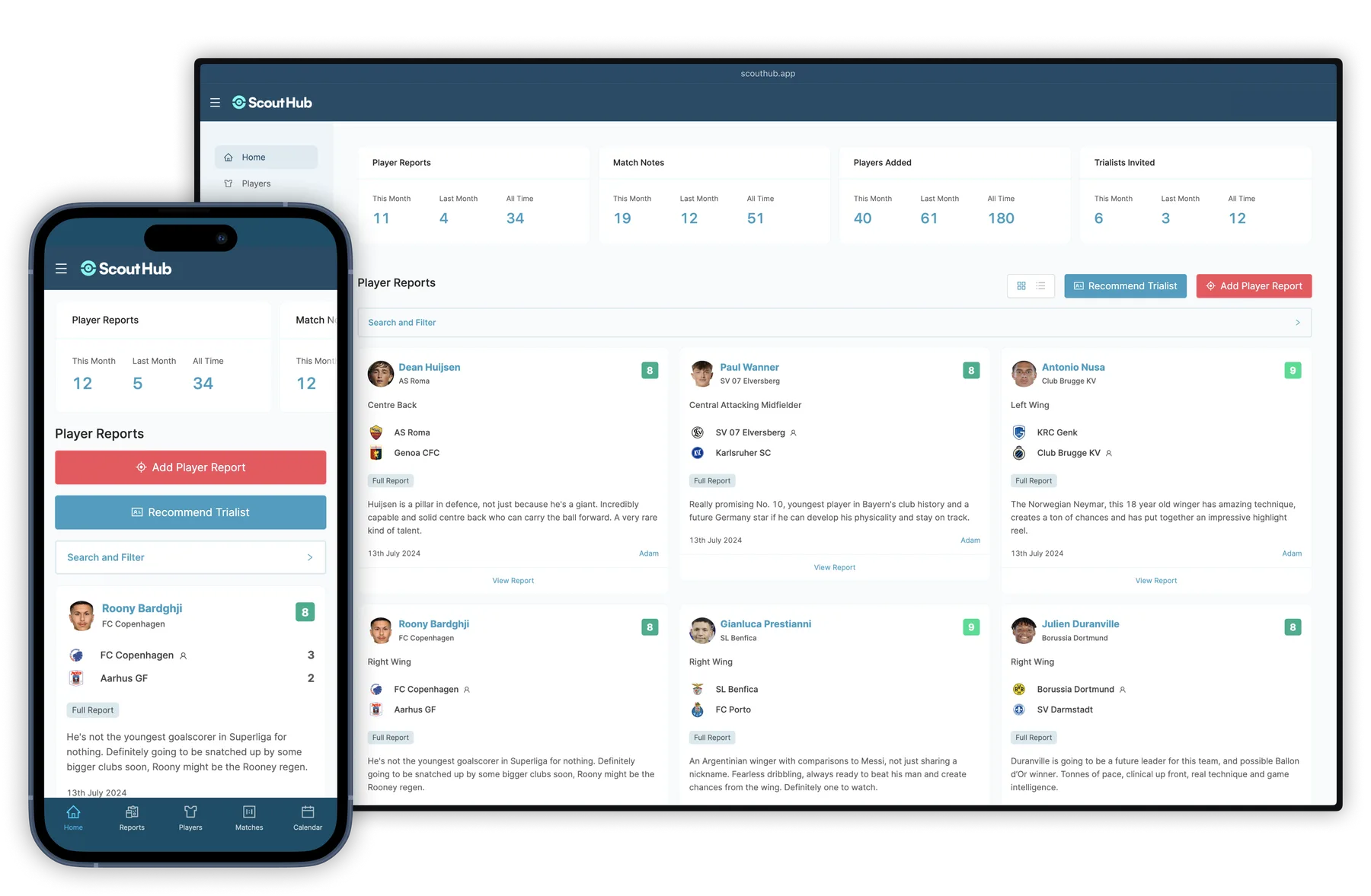 Scout Hub dashboard on desktop and mobile, showing recent player reports