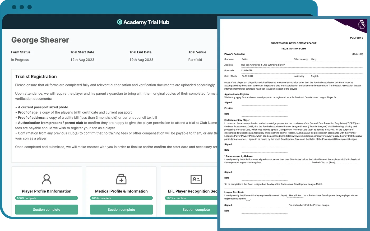 Parent portal trialist registration with section progress, alongside a completed PDL registration form