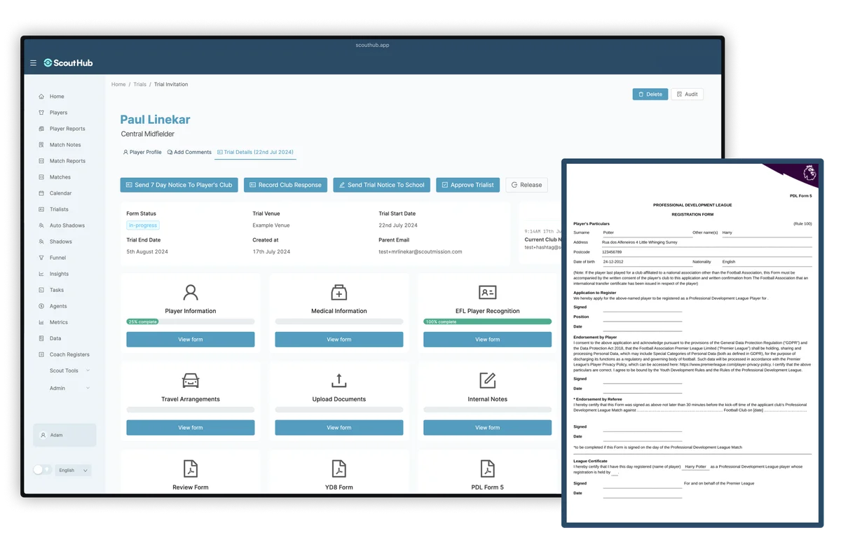 Trialist Hub trialist record with registration forms and a PDL Form 5